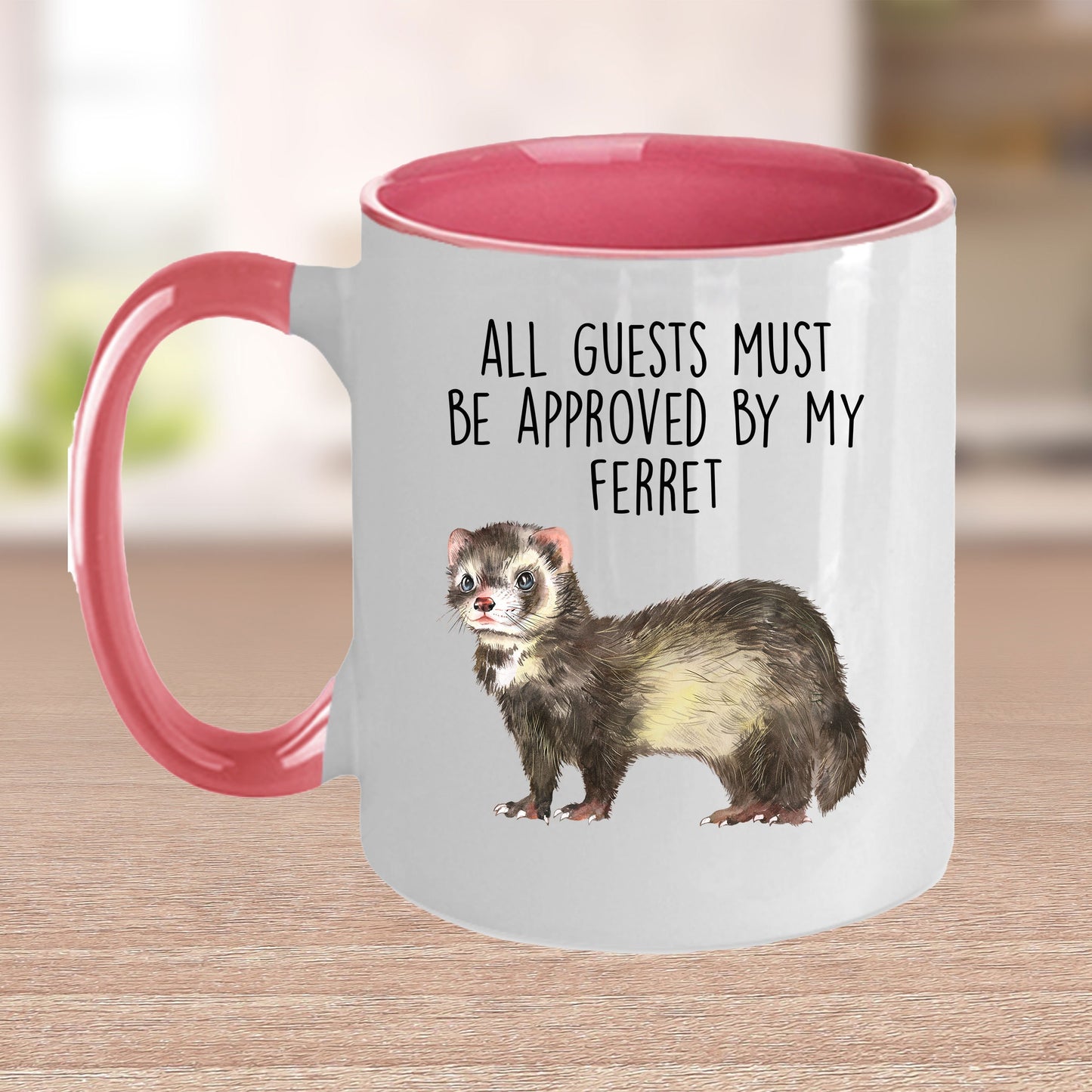 Funny Ferret Custom coffee mug - white ceramic and two tone color - All Guests Must be Approved By My Ferret - Mallard Moon Gift Shop