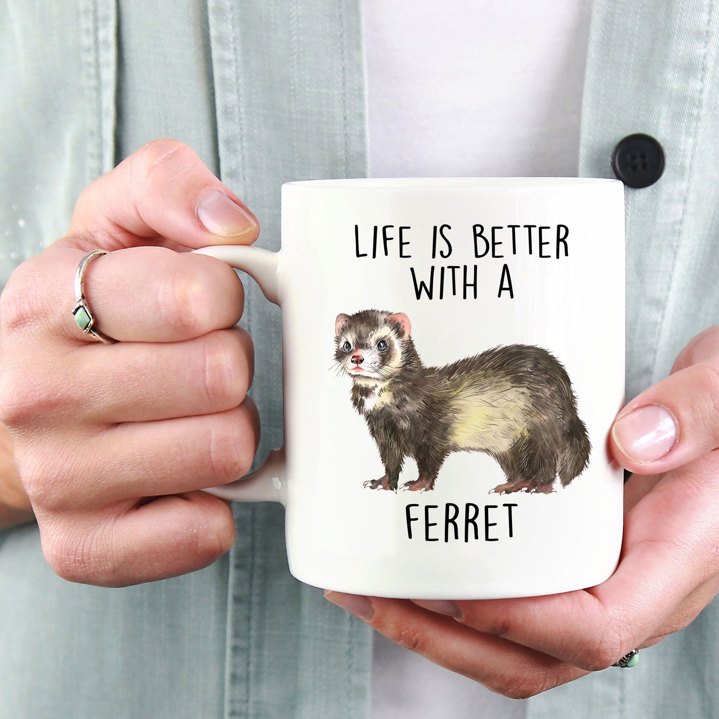 Funny Ferret Custom coffee mug - white ceramic and two tone color -Life Is Better With A Ferret - Mallard Moon Gift Shop