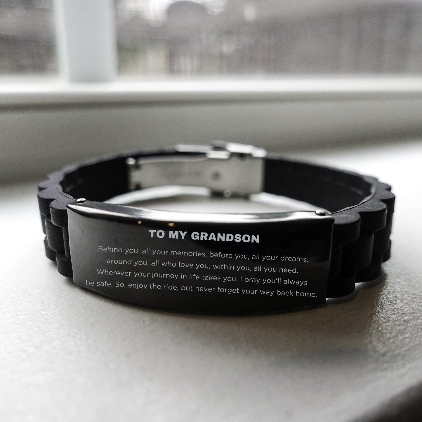 Inspirational Grandson Engraved Black Glidelock Clasp Bracelet - Behind you, all your Memories, Before you, all your Dreams - Birthday, Christmas Holiday Gifts - Mallard Moon Gift Shop