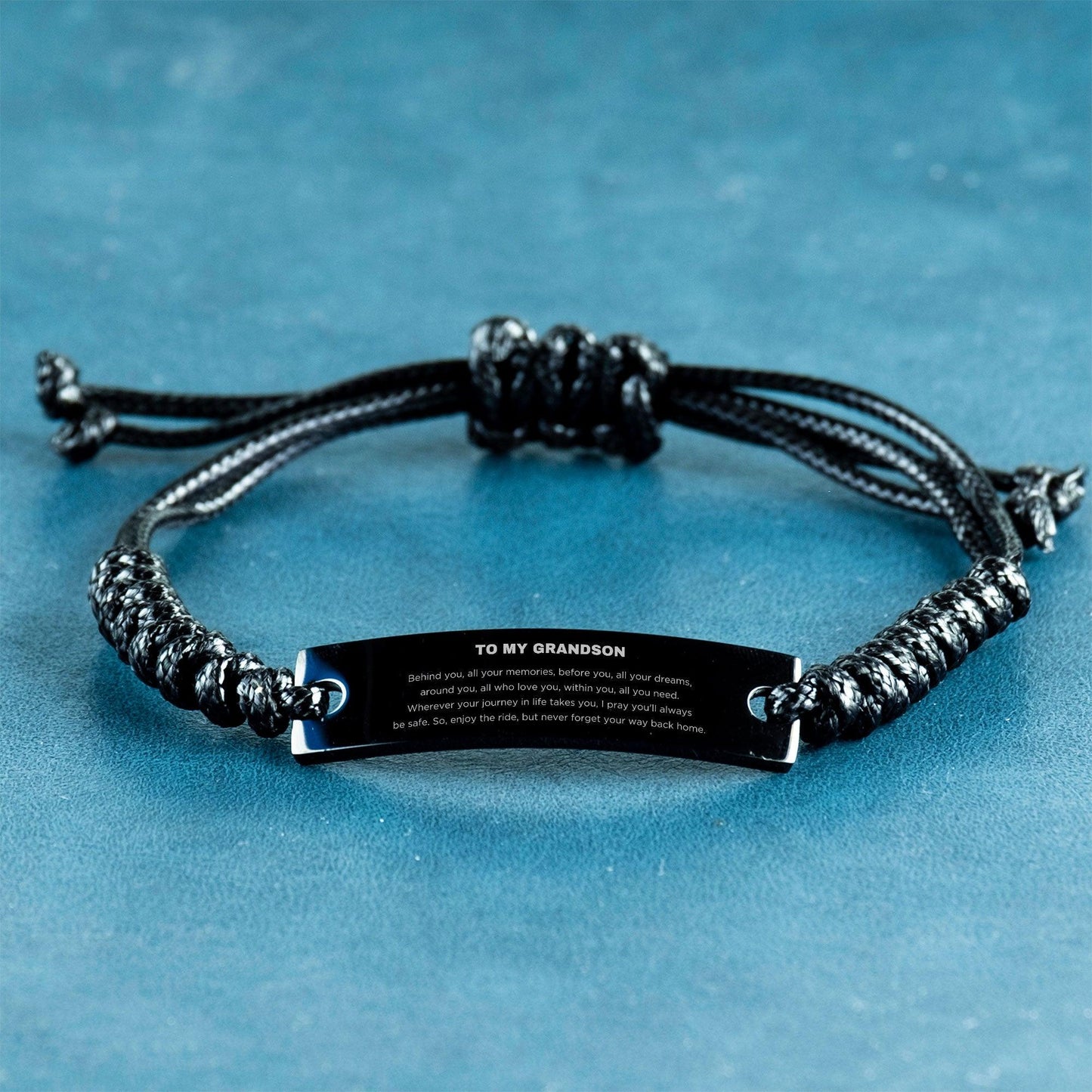 Inspirational Grandson Engraved Black Rope Bracelet - Behind you, all your Memories, Before you, all your Dreams - Birthday, Christmas Holiday Gifts - Mallard Moon Gift Shop