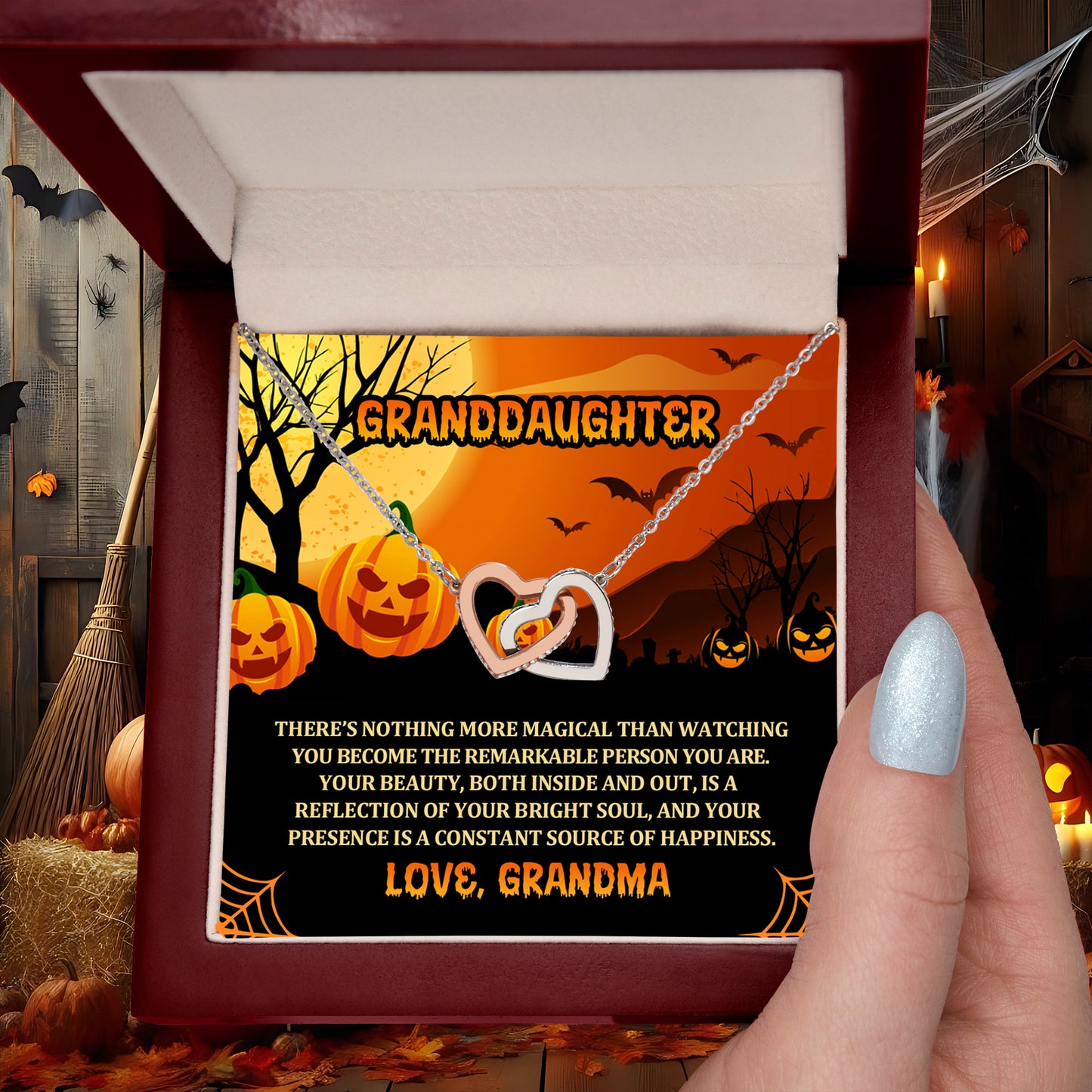 Granddaughter Halloween Nothing More Magical Personalized Interlocking Hearts Pendant Necklace - Mallard Moon