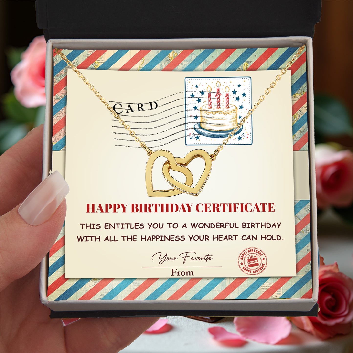 Happy Birthday Personalized Certificate Interlocking Hearts Necklace | Playful Birthday Gift for Her | Fun & Heartfelt Keepsake - Mallard Moon Gift Shop