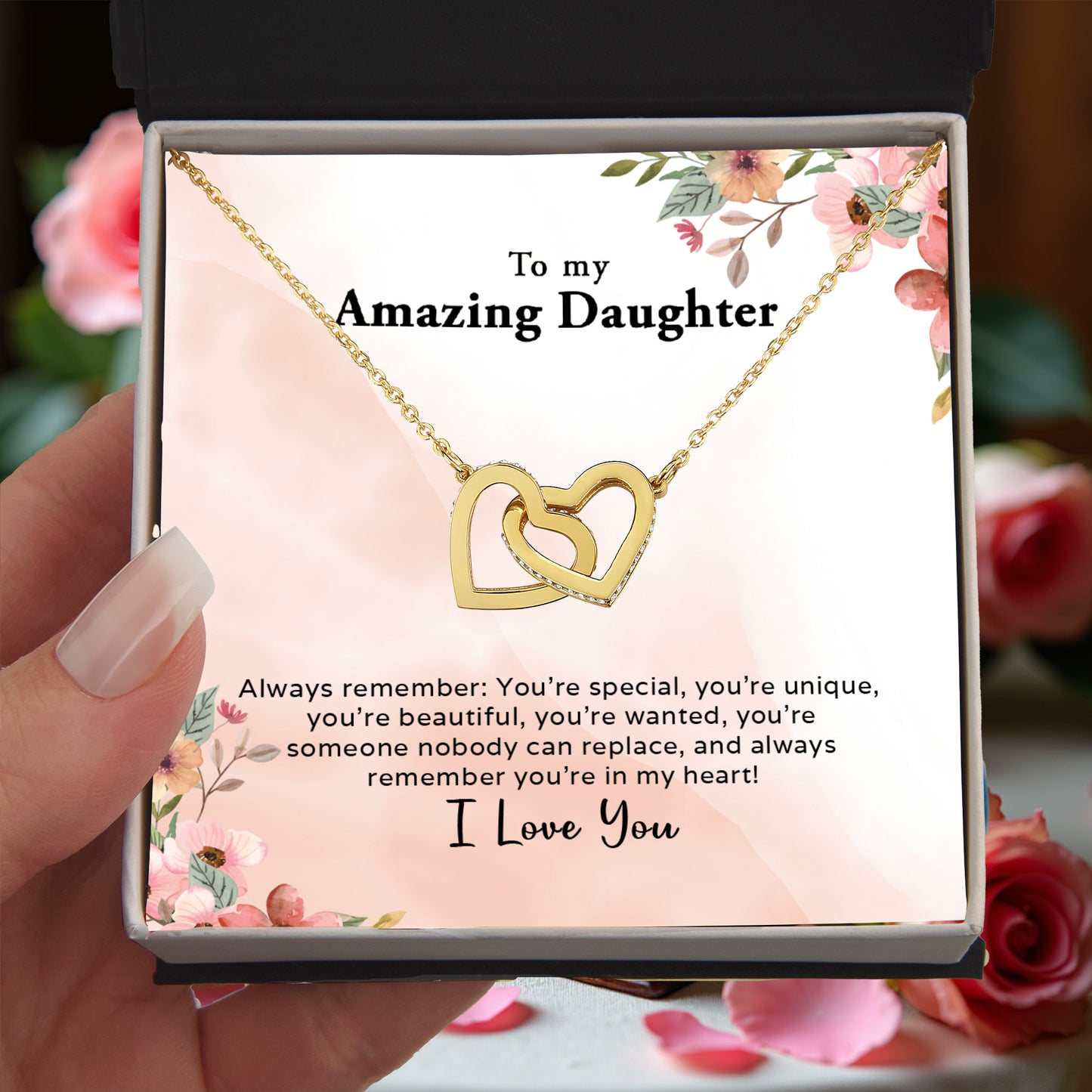 To My Amazing Daughter - Always In My Heart - Interlocking Hearts Necklace - Mallard Moon Gift Shop