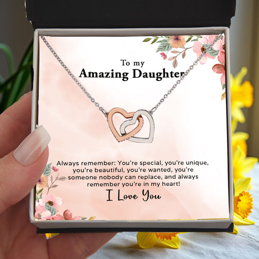 To My Amazing Daughter - Always In My Heart - Interlocking Hearts Necklace - Mallard Moon Gift Shop