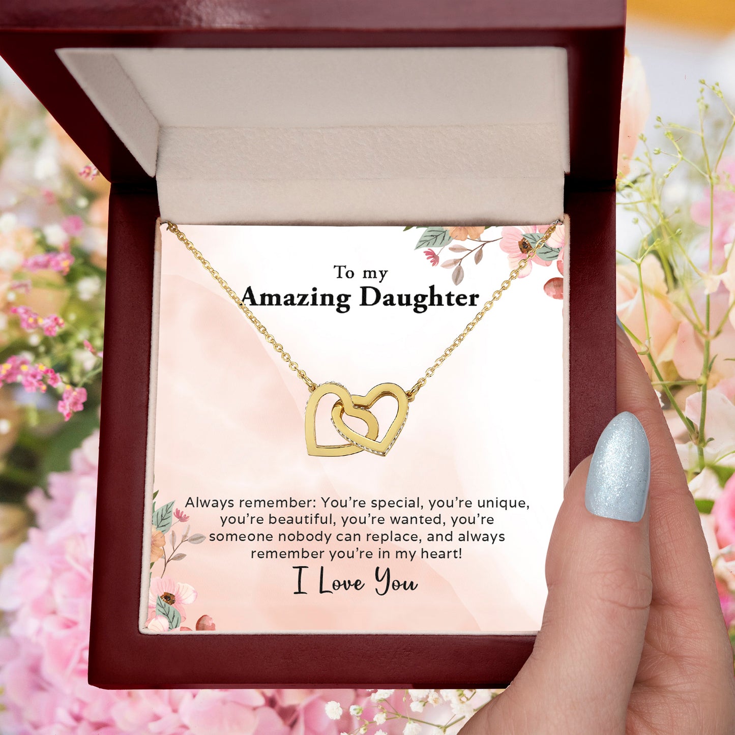 To My Amazing Daughter - Always In My Heart - Interlocking Hearts Necklace - Mallard Moon Gift Shop