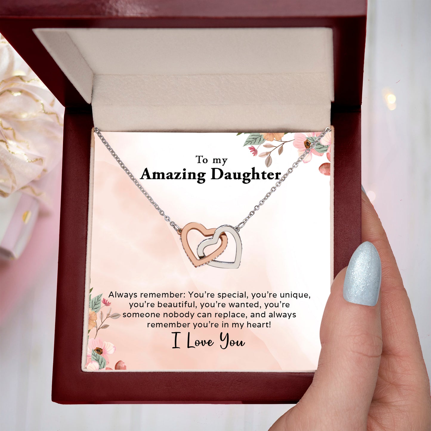 To My Amazing Daughter - Always In My Heart - Interlocking Hearts Necklace - Mallard Moon Gift Shop