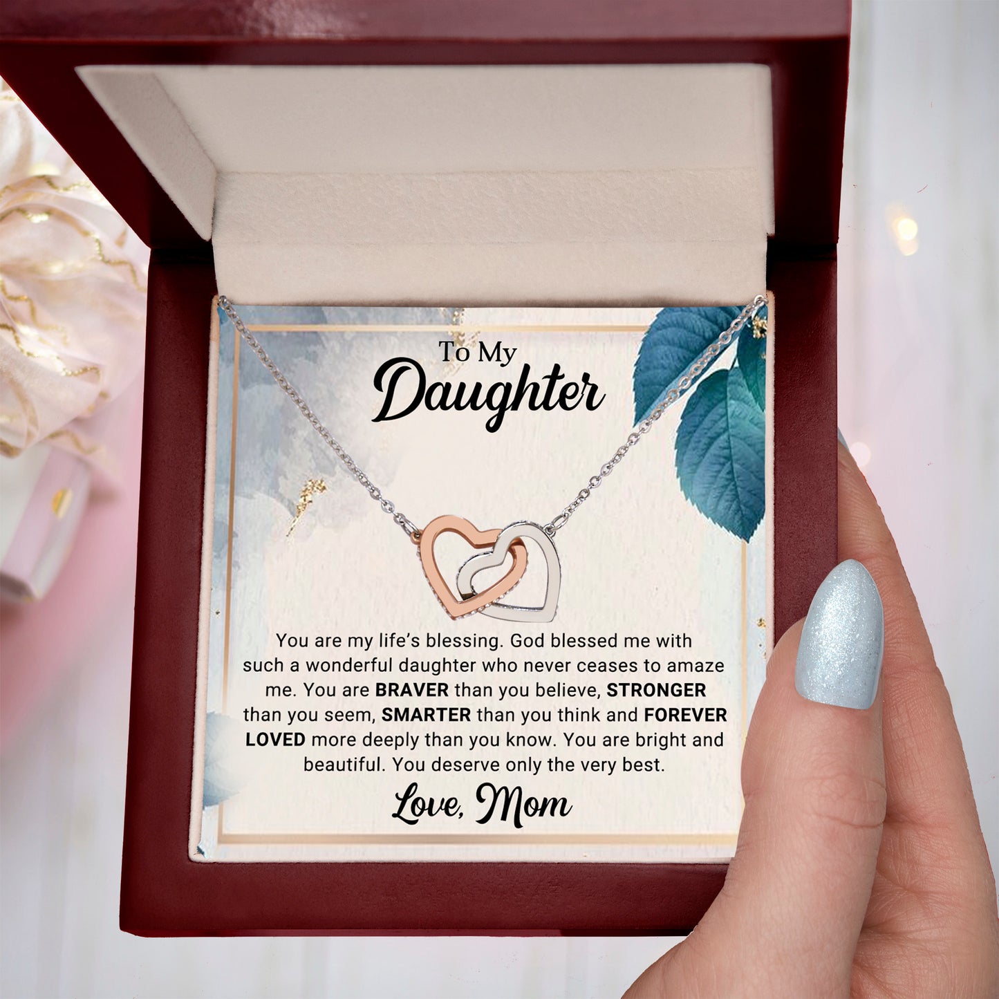 To My Daughter Interlocking Hearts Necklace – Braver, Stronger, Smarter Message from Mom | Faith-Inspired Gift for Birthday or Graduation - Mallard Moon Gift Shop