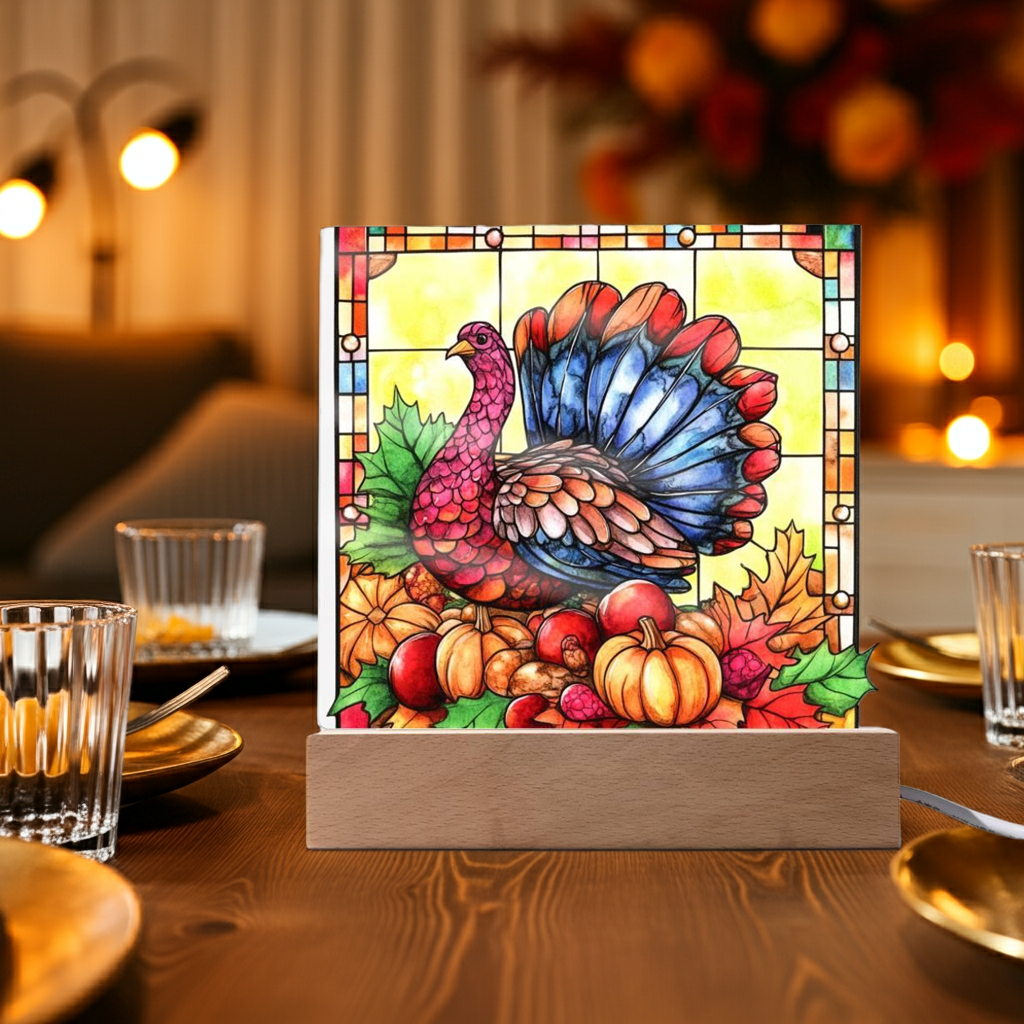 Thanksgiving Turkey Stained-glass Acrylic Square LED Lighted Wooden Base