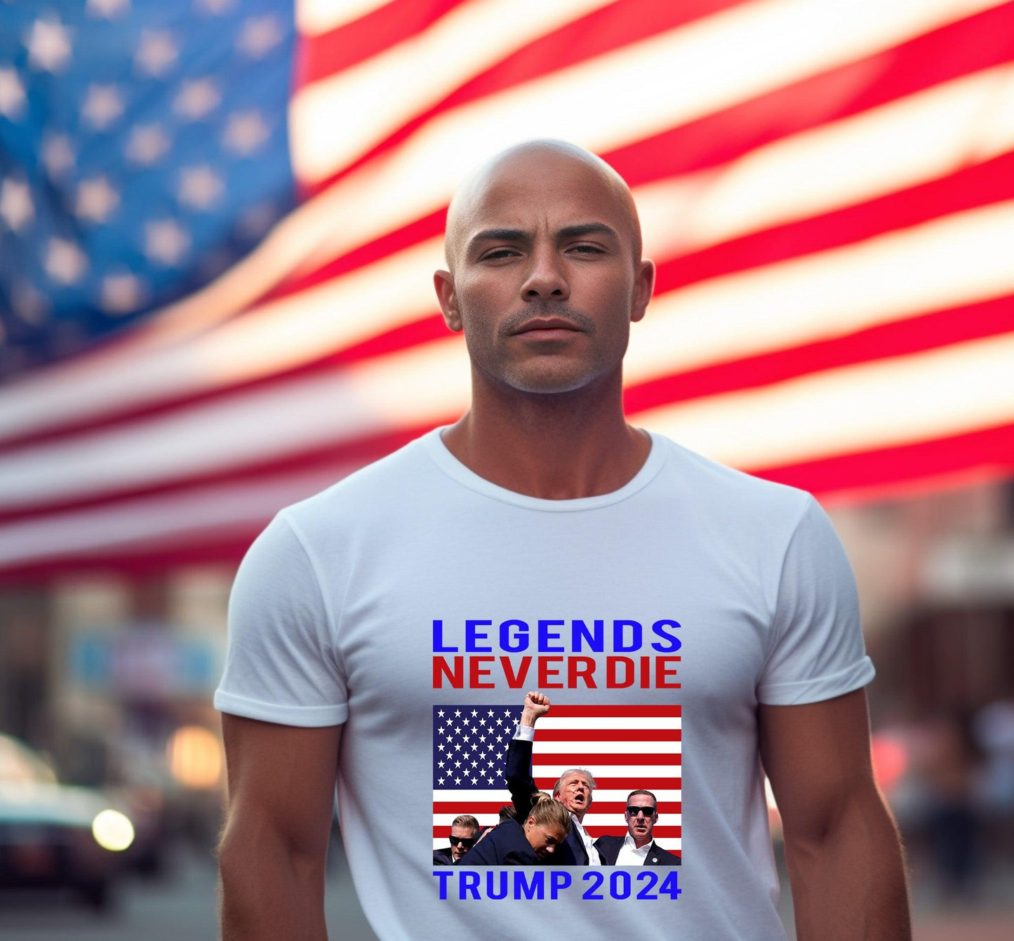 Patriotic MAGA Tee Shirt Legends Never Die Trump 2024 Butler Rally - Mallard Moon Gift Shop