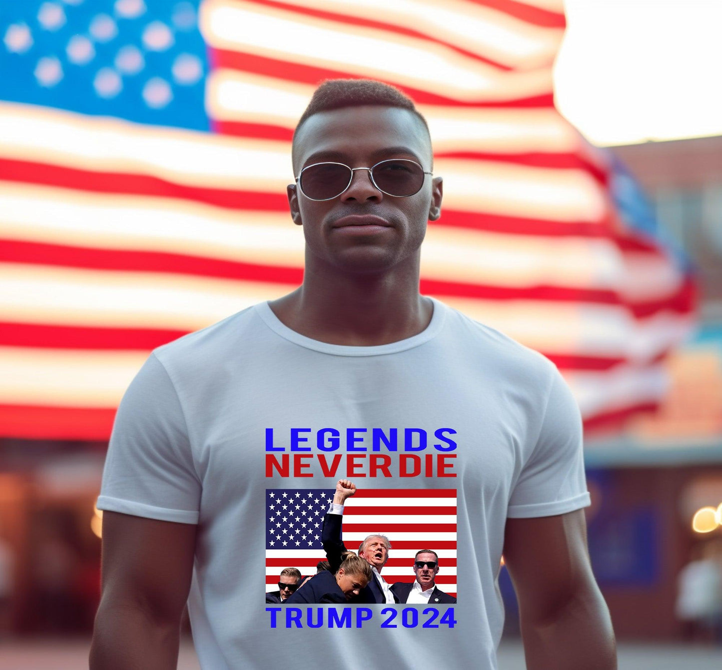 Patriotic MAGA Tee Shirt Legends Never Die Trump 2024 Butler Rally - Mallard Moon Gift Shop