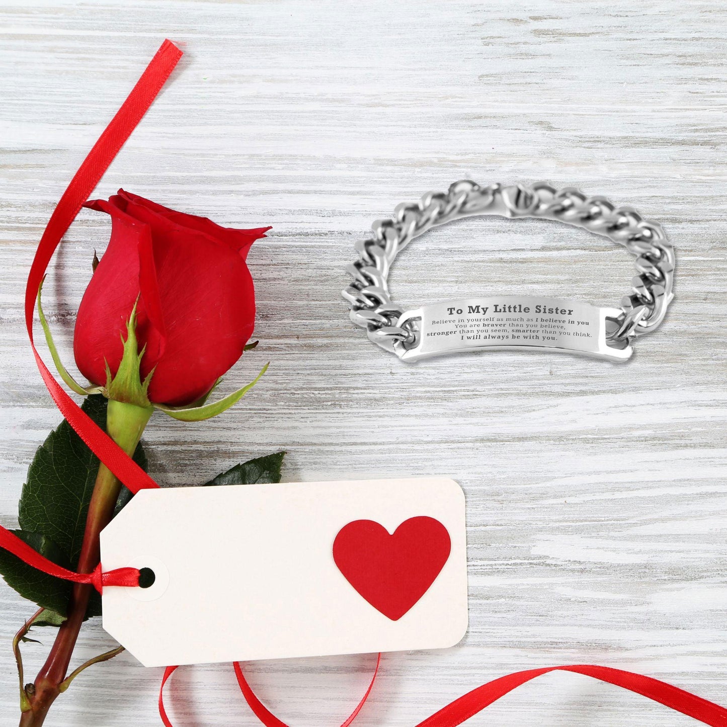 Little Sister Cuban Chain Stainless Steel Engraved Bracelet - You are braver than you believe, stronger than you seem, Inspirational Birthday Christmas Valentine Gifts - Mallard Moon Gift Shop
