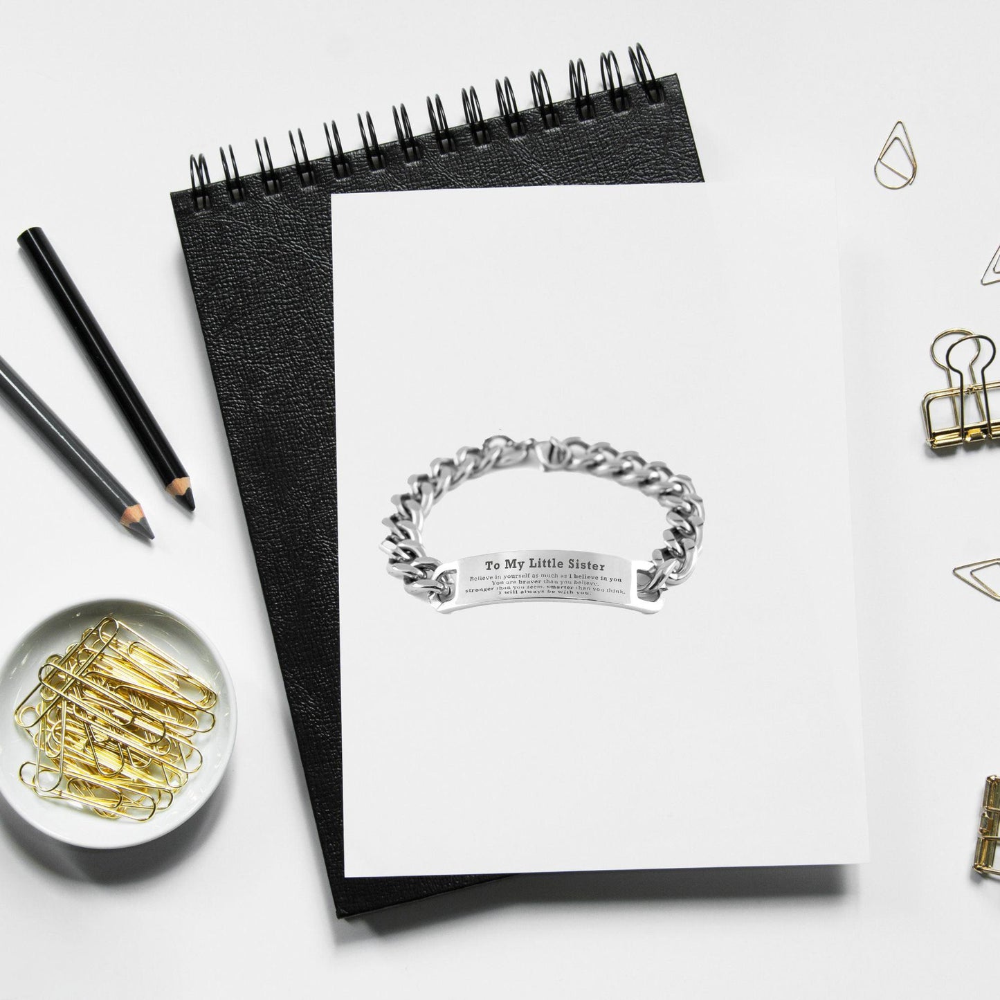 Little Sister Cuban Chain Stainless Steel Engraved Bracelet - You are braver than you believe, stronger than you seem, Inspirational Birthday Christmas Valentine Gifts - Mallard Moon Gift Shop