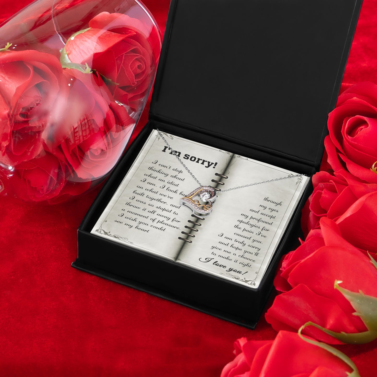 Apology Necklace for Girlfriend, Wife, or Soulmate – “I’m Sorry, What an Idiot” Love Dancing Heart Pendant with Message Card