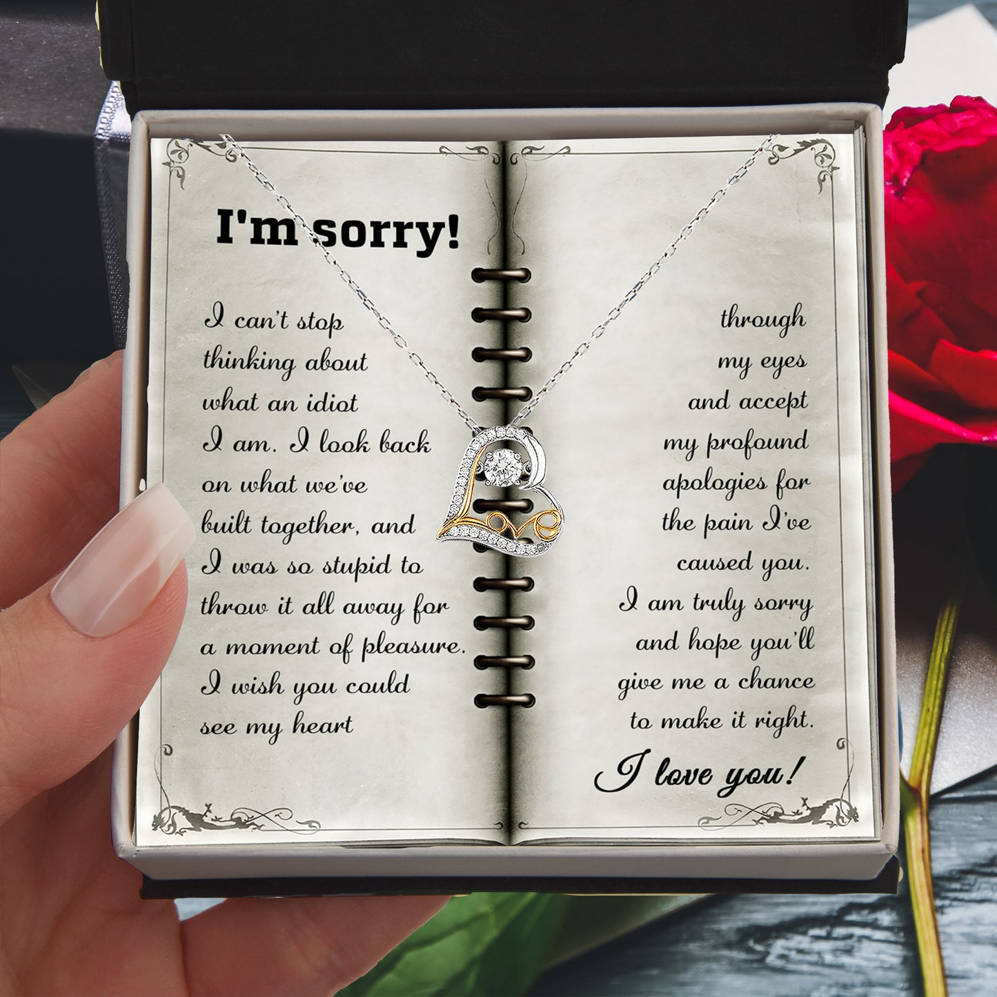 Apology Necklace for Girlfriend, Wife, or Soulmate – “I’m Sorry, What an Idiot” Love Dancing Heart Pendant with Message Card
