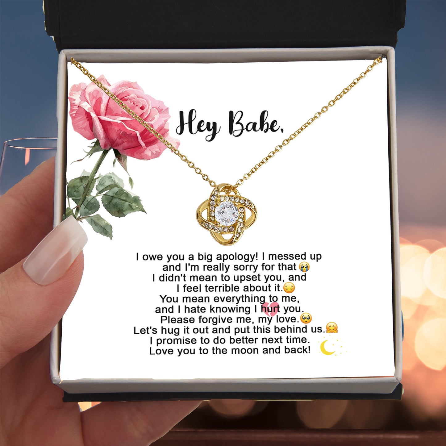 Hey Babe – I’m Sorry Love Knot Necklace | Heartfelt Apology Gift for Partner with Message Card - Mallard Moon