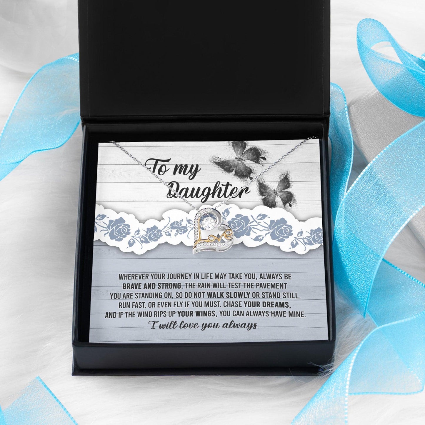 Daughter Wedding Day, Graduation, Birthday Gift - Chase Your Dreams Always Have My Wings - Love Dancing Heart Pendant Necklace - Mallard Moon Gift Shop