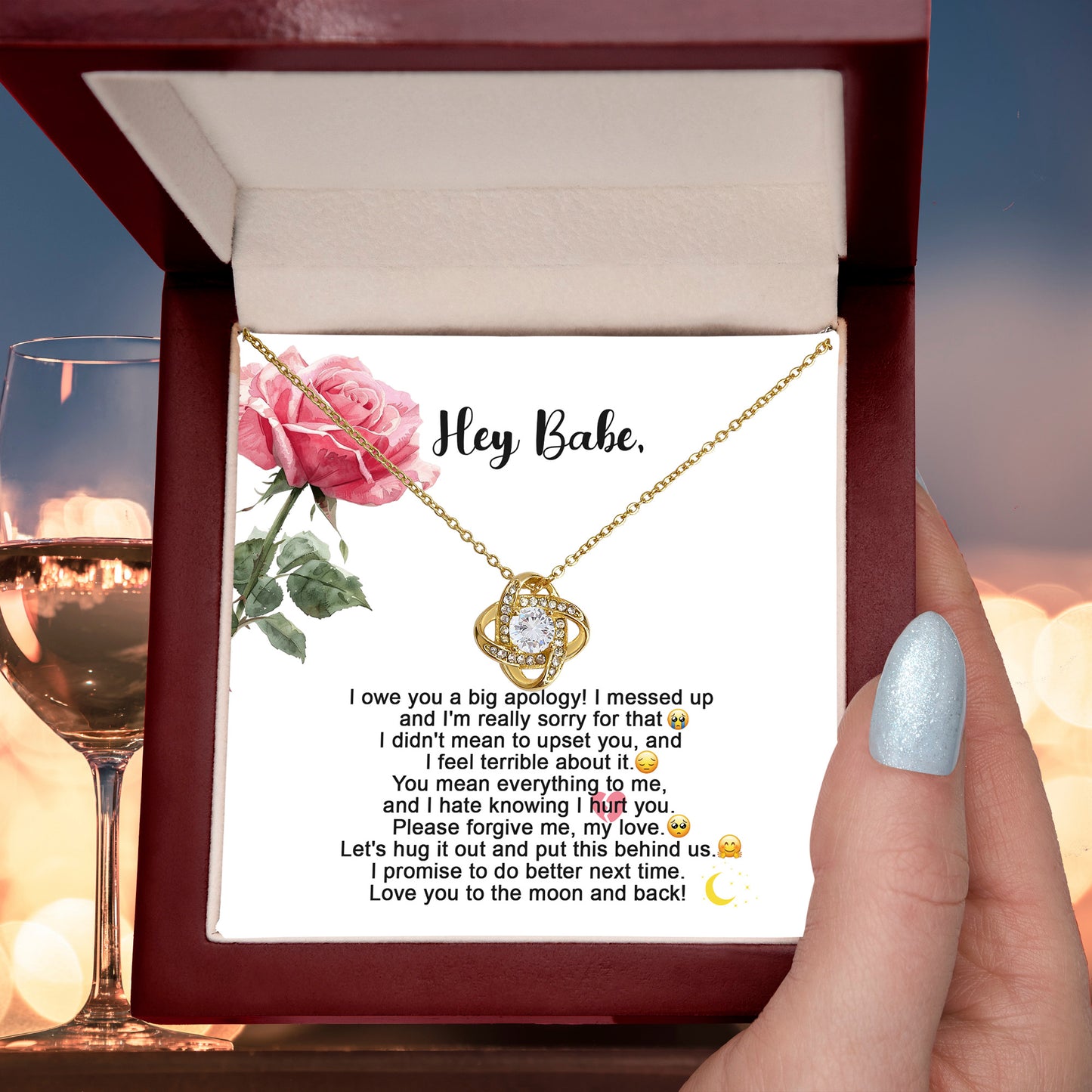 Hey Babe – I’m Sorry Love Knot Necklace | Heartfelt Apology Gift for Partner with Message Card - Mallard Moon