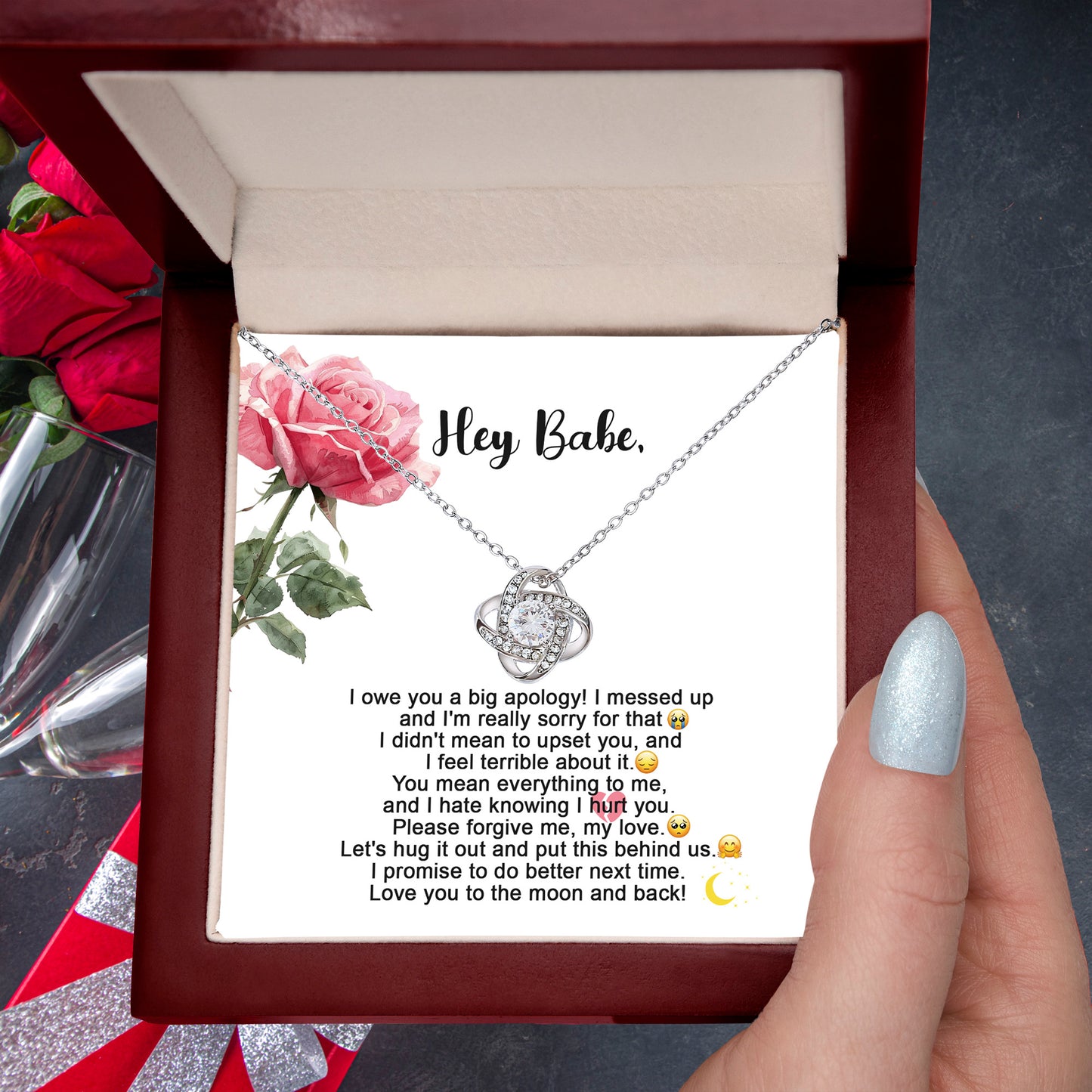 Hey Babe – I’m Sorry Love Knot Necklace | Heartfelt Apology Gift for Partner with Message Card - Mallard Moon
