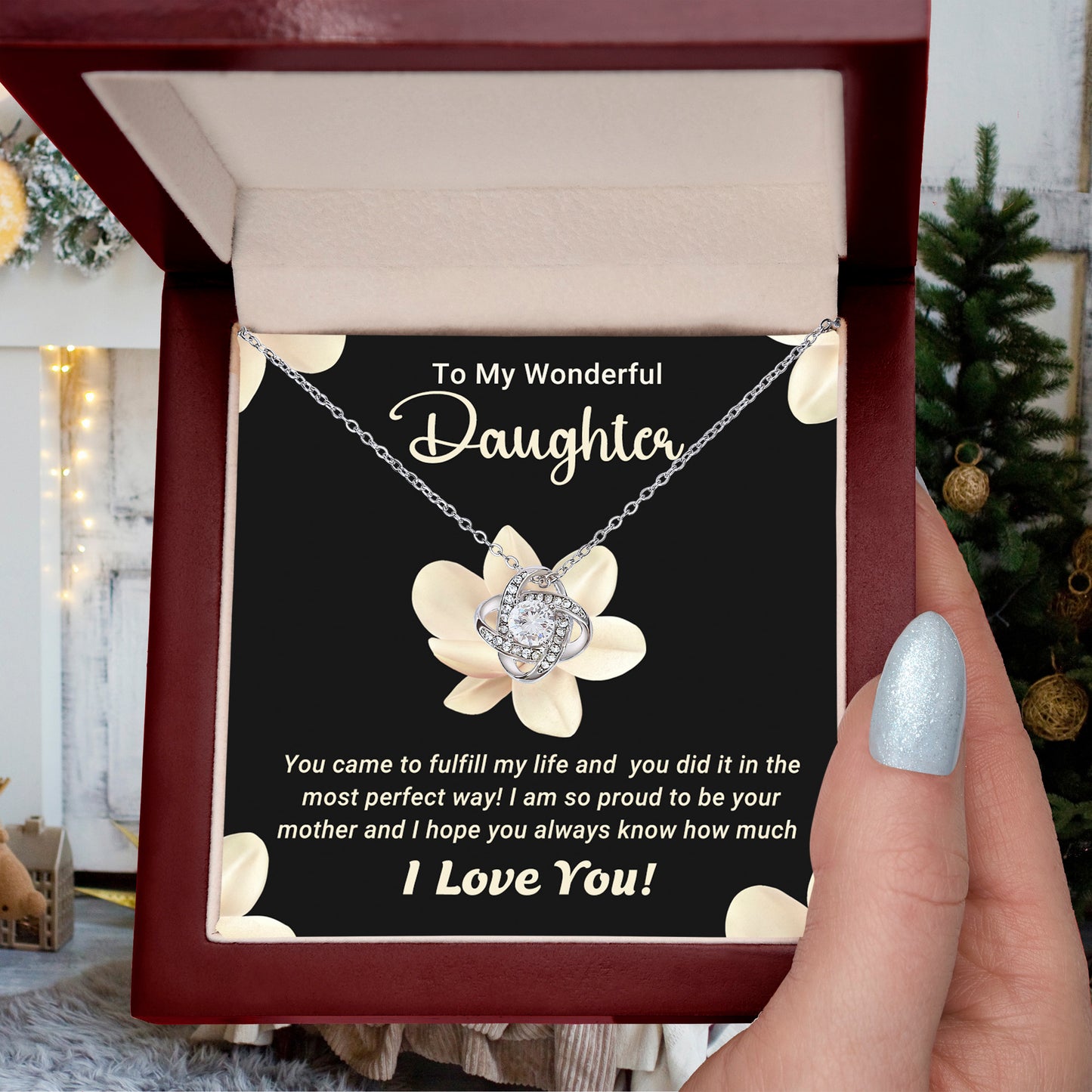 To My Wonderful Daughter – Love Knot Necklace with Magnolia Flower Message Card | Proud Mom Gift for Birthday or Graduation - Mallard Moon