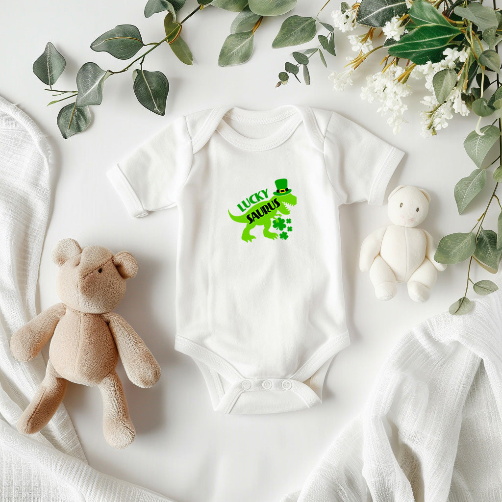 Luckysaurus St. Patrick’s Day Baby Bodysuit – Cute T-Rex Dinosaur Onesie – Soft Cotton Infant Romper – Funny Irish Holiday Outfit & Baby Gift - Mallard Moon Gift Shop