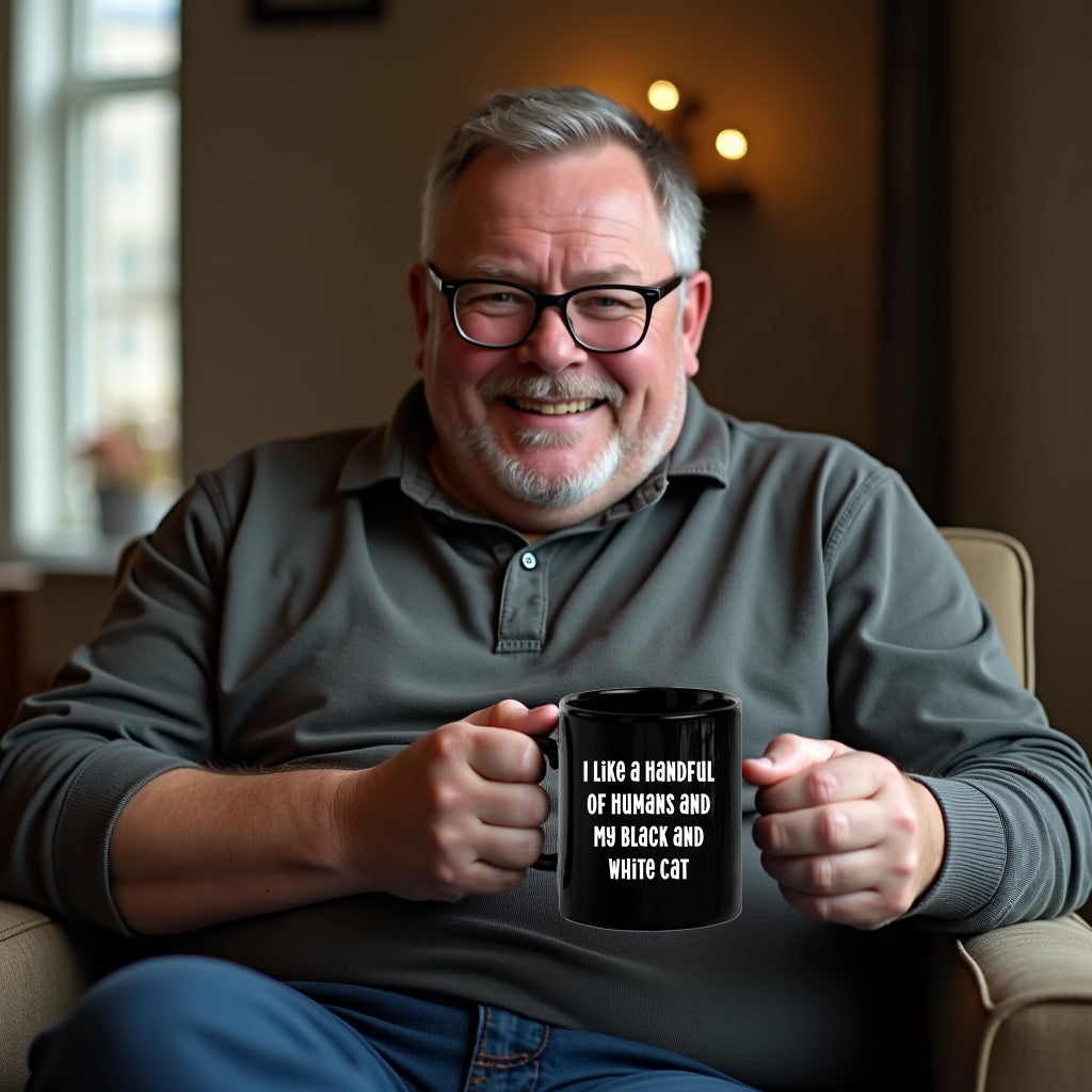 I Like a Handful of Humans and My Black and White Cat Mug – Funny Cat Lover Gift – Black Ceramic Coffee Cup - Mallard Moon