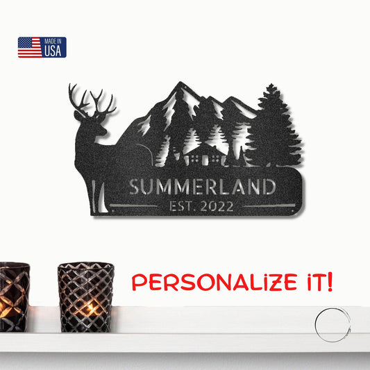 Deer and Cabin in the Woods Custom Name Metal Art Wall Sign - Mallard Moon Gift Shop