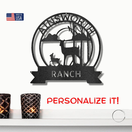 Deer Doe and Fawn Sunset Custom Name Steel Wall Sign Metal Art - Mallard Moon Gift Shop