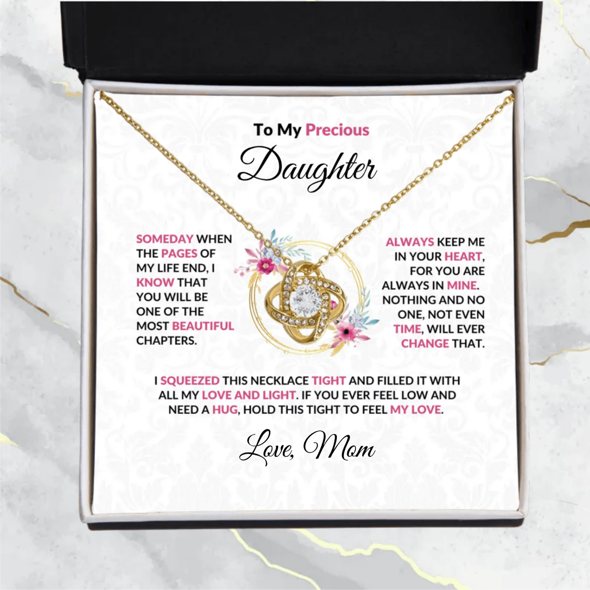 To My Precious Daughter Love Knot Necklace with Message Card and Gift Box - Mallard Moon Gift Shop