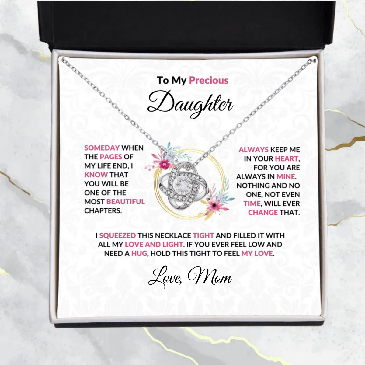 To My Precious Daughter Love Knot Necklace with Message Card and Gift Box - Mallard Moon Gift Shop