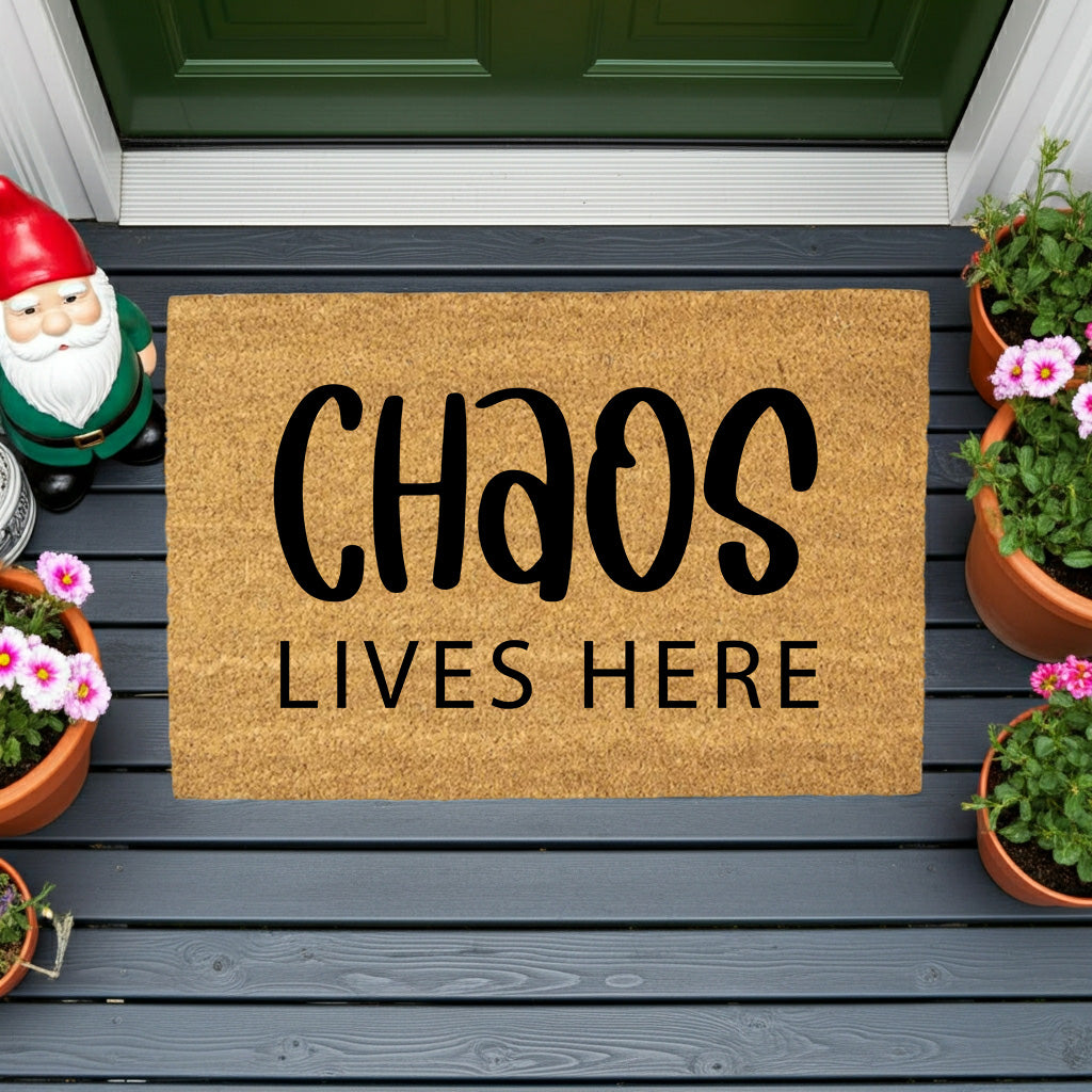Chaos Lives Here Coir Doormat – Funny Family Welcome Mat | Rustic Farmhouse Front Porch Decor | Everyday Entryway Rug - Mallard Moon