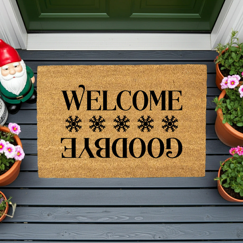 “Welcome / Goodbye” Snowflake Doormat | Double-Sided Winter Coir Welcome Mat | Funny Holiday Front Porch Décor - Mallard Moon