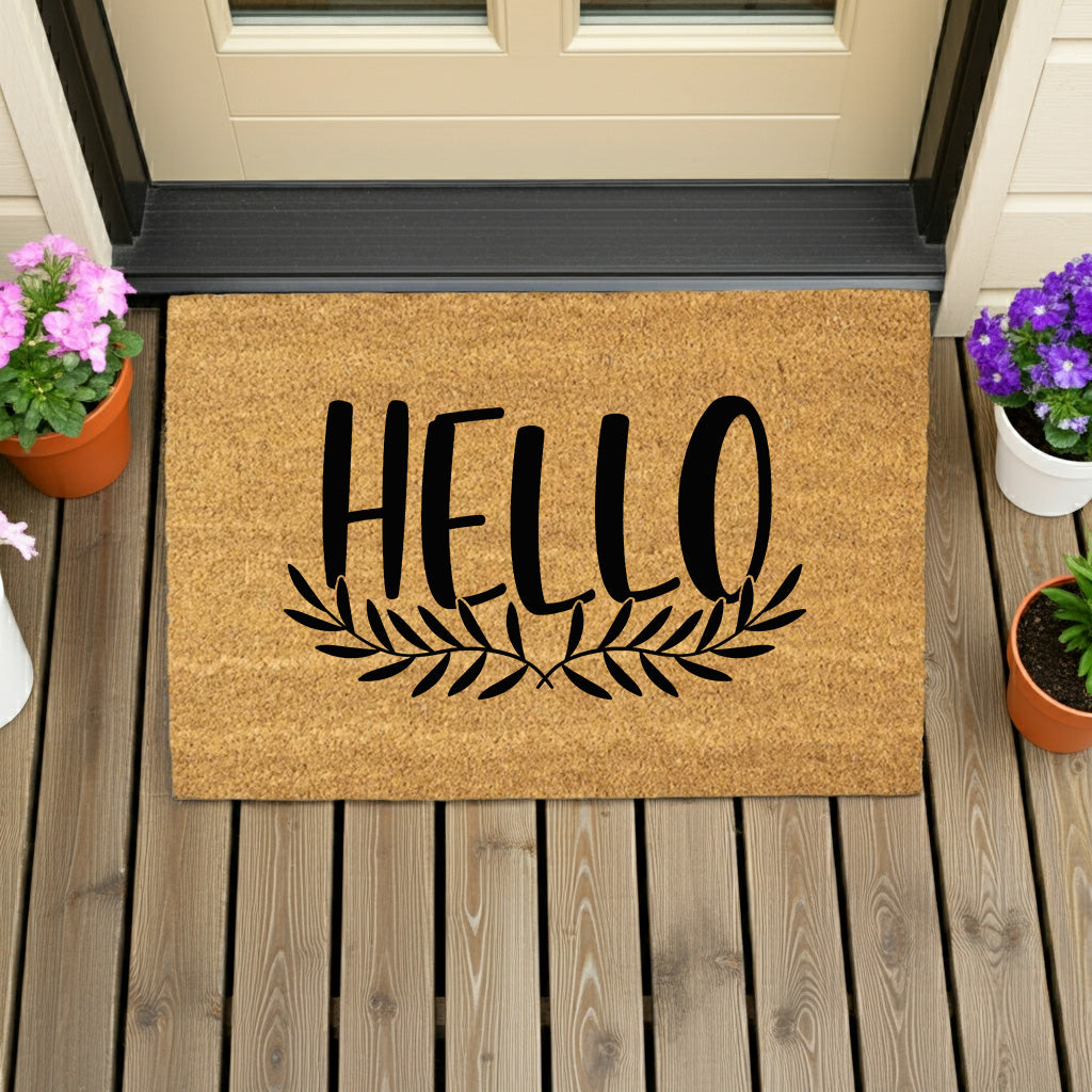 Hello Coir Doormat with Leaf Design – Simple Welcome Mat | Modern Farmhouse Front Porch Decor | Everyday Entryway Rug - Mallard Moon