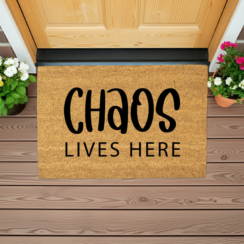 Chaos Lives Here Coir Doormat – Funny Family Welcome Mat | Rustic Farmhouse Front Porch Decor | Everyday Entryway Rug - Mallard Moon