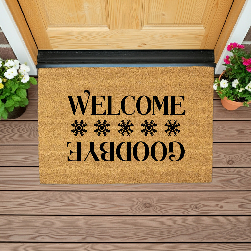 “Welcome / Goodbye” Snowflake Doormat | Double-Sided Winter Coir Welcome Mat | Funny Holiday Front Porch Décor - Mallard Moon