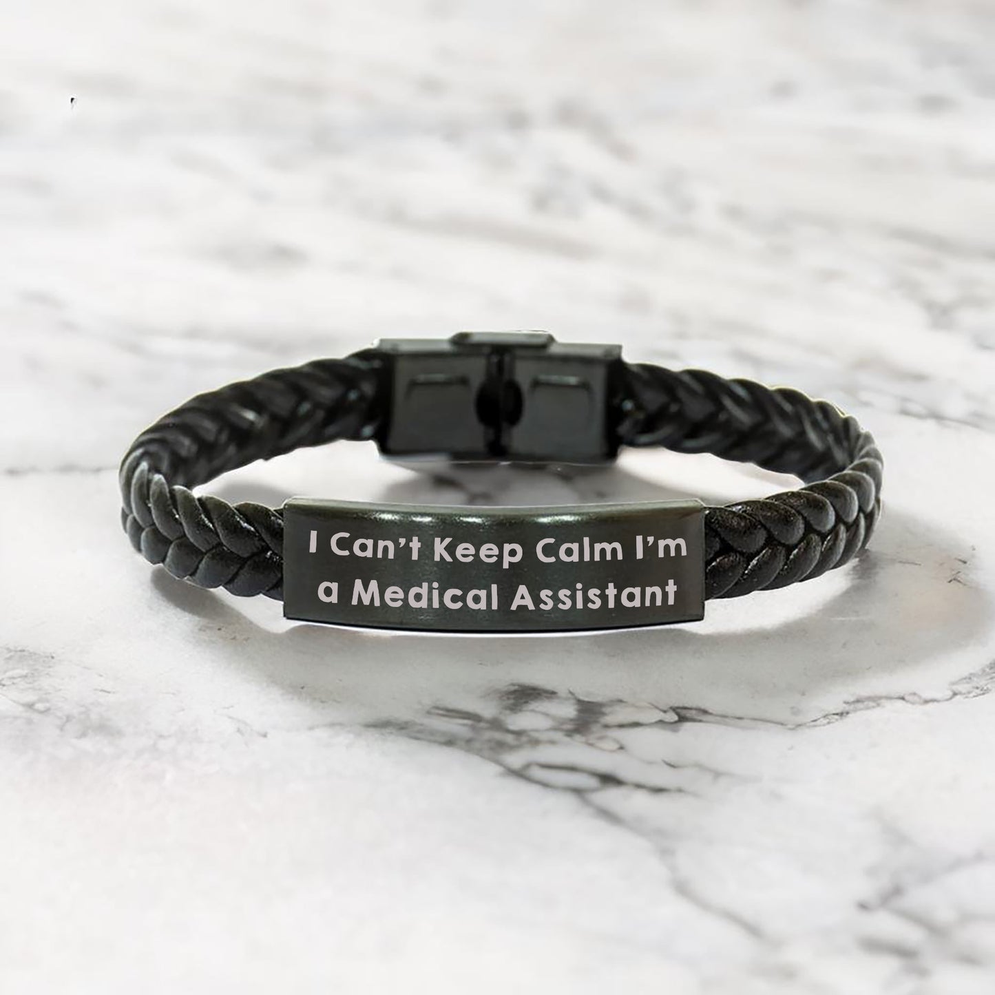 Medical Assistant Bracelet – “I Can’t Keep Calm I’m a Medical Assistant” Engraved Stainless Steel Plate – Braided PU Leather Wristband Gift for Healthcare Workers, Nurses & Hospital Staff