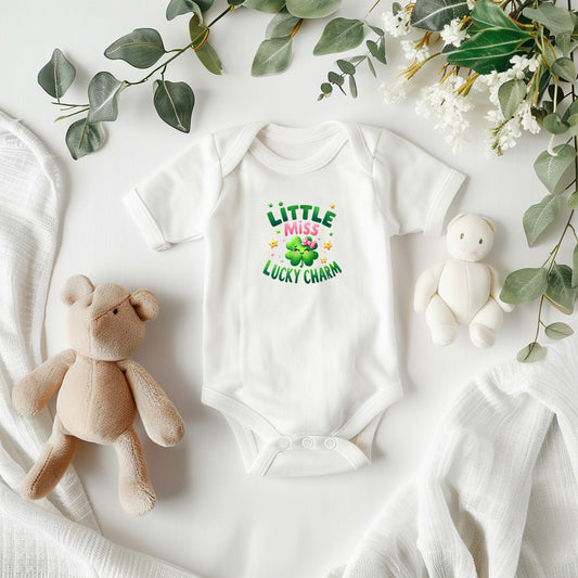 Little Miss Lucky Charm St. Patrick’s Day Baby Bodysuit – Cute Shamrock & Bow Onesie – Soft Cotton Infant Romper – Irish Holiday Outfit & Baby Gift - Mallard Moon Gift Shop