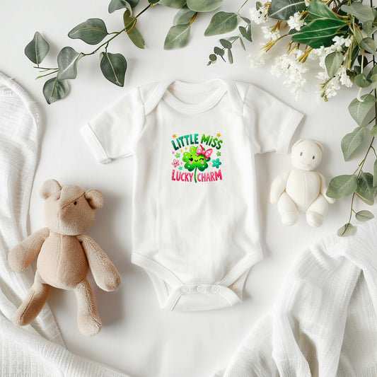 Little Miss Lucky Charm St. Patrick’s Day Baby Bodysuit – Cute Shamrock & Bow Onesie – Soft Cotton Infant Romper – Irish Holiday Outfit & Baby Gift - Mallard Moon Gift Shop