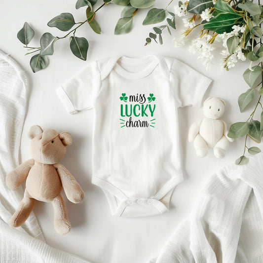 Miss Lucky Charm St. Patrick’s Day Baby Bodysuit – Cute Shamrock Onesie – Soft Cotton Infant Romper – Funny Irish Holiday Outfit & Baby Shower Gift - Mallard Moon Gift Shop
