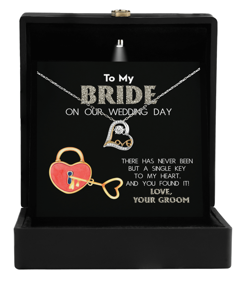 To My Bride on Our Wedding Day - You Have the Single Key to My Heart Love Dancing Heart Pendant Necklace - Mallard Moon Gift Shop