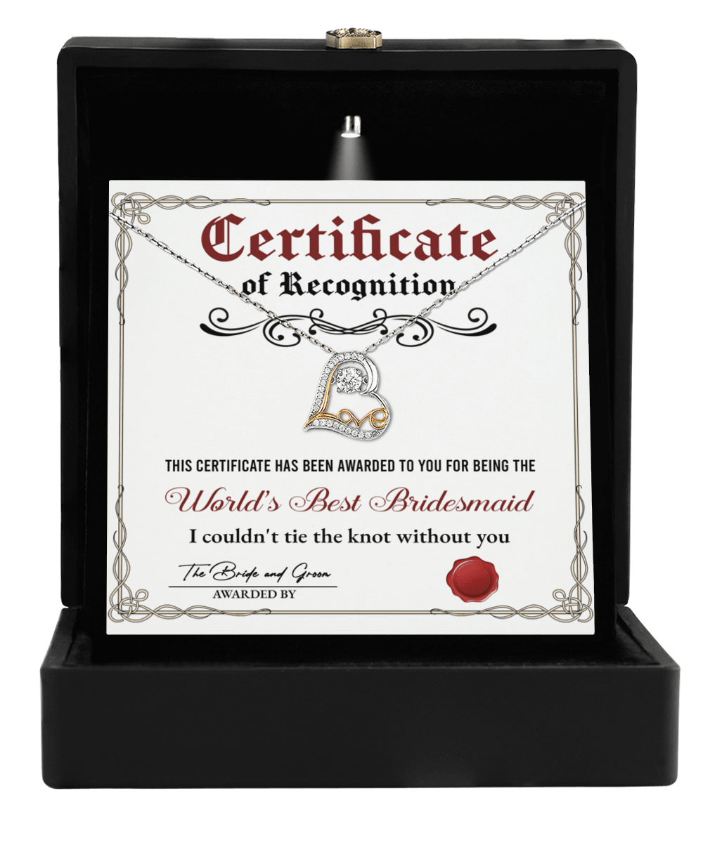 Bridesmaid Gift - Certificate Of Recognition Love Dancing Heart Pendant Necklace - Mallard Moon Gift Shop