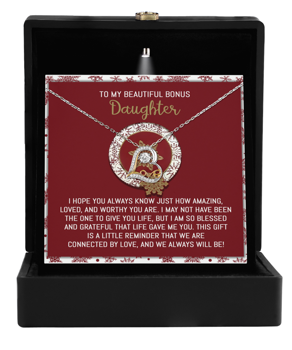 Gift for Bonus Daughter - Always Will Be Connected by Love - Love Dancing Heart Pendant Necklace - Mallard Moon Gift Shop