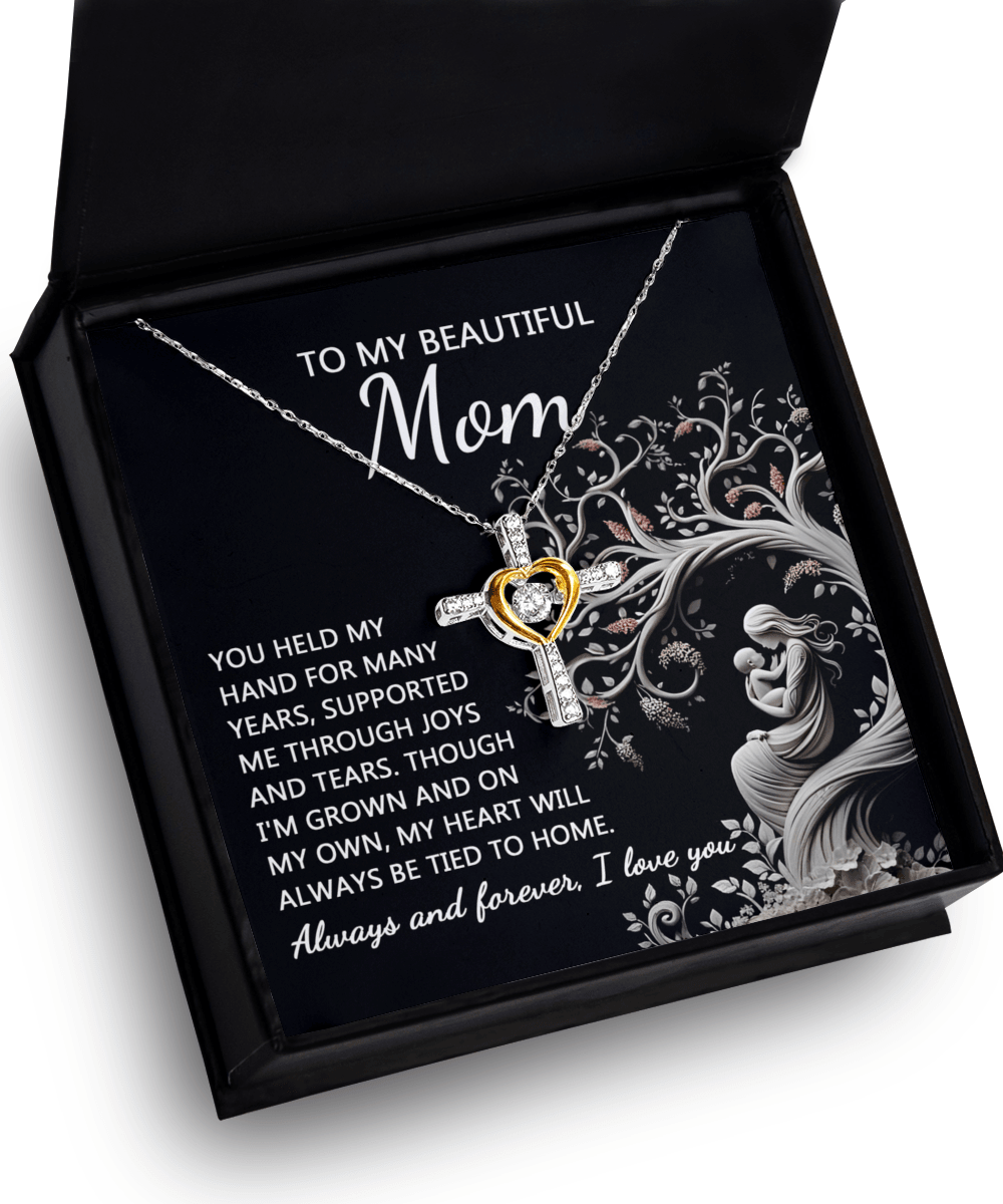 To My Beautiful Mom My Heart Will Always Be Tied to Home Cross Pendant Necklace - Mallard Moon Gift Shop