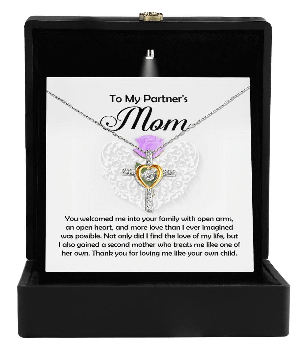 To My Partner's Mom You Welcomed me with Open Arms and an Open Heart Cross Pendant Necklace - Mallard Moon Gift Shop
