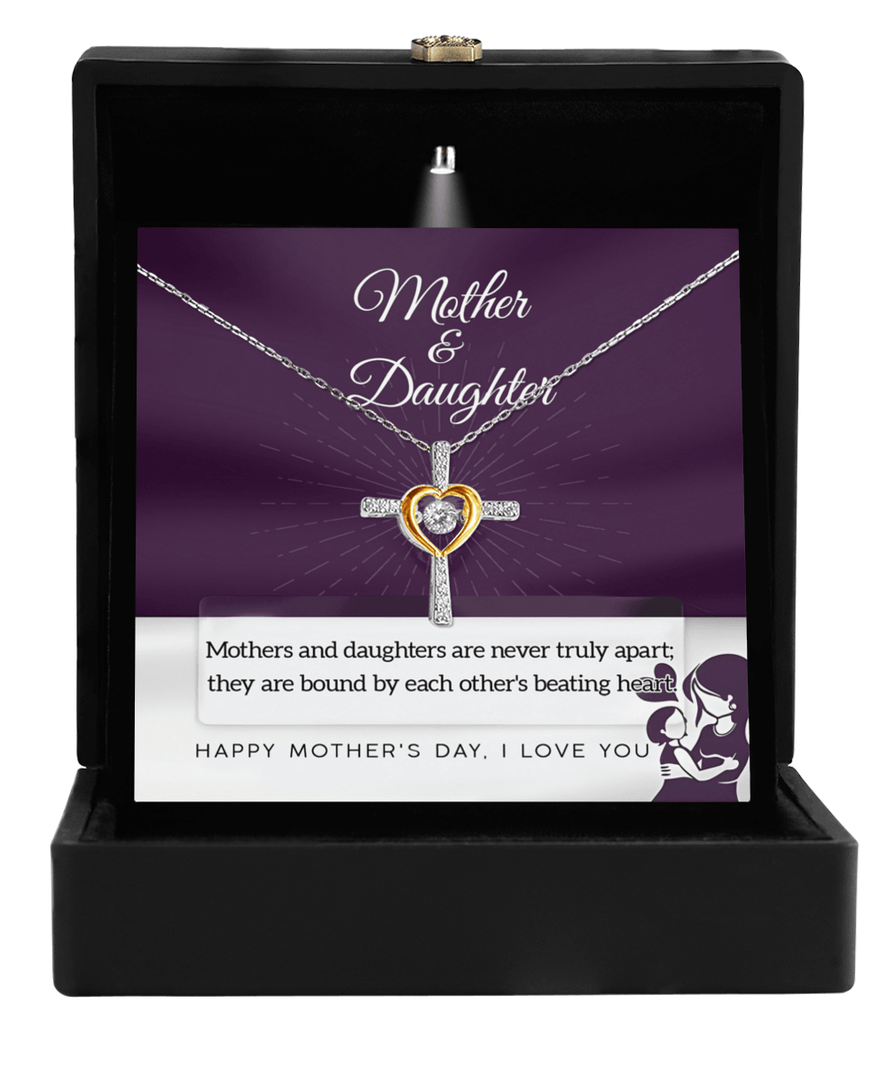 Mother Jewelry Gift - Mother and Daughter Bound by Heart Cross Pendant Necklace - Mallard Moon Gift Shop