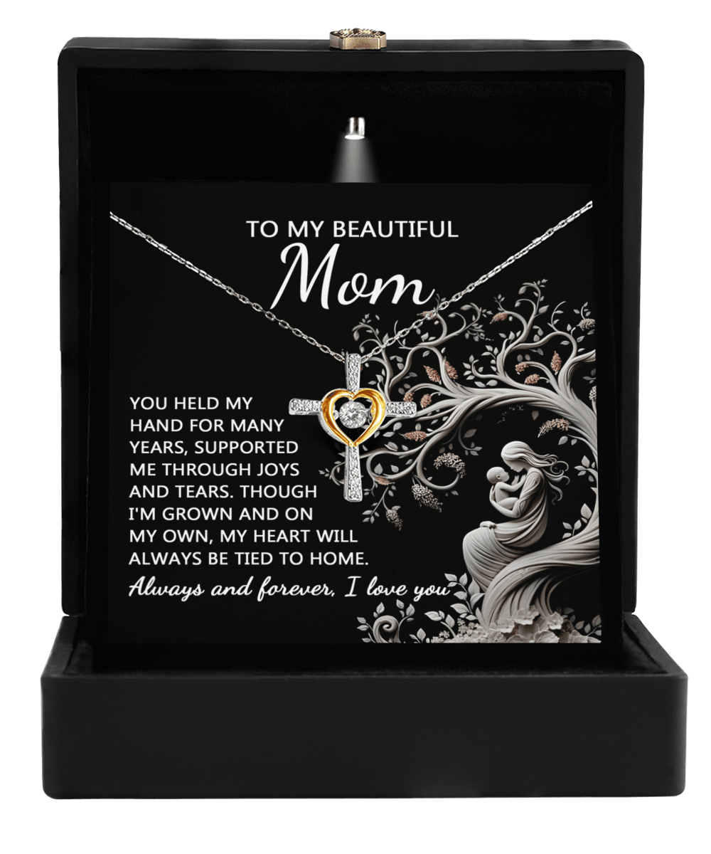 To My Beautiful Mom My Heart Will Always Be Tied to Home Cross Pendant Necklace - Mallard Moon Gift Shop