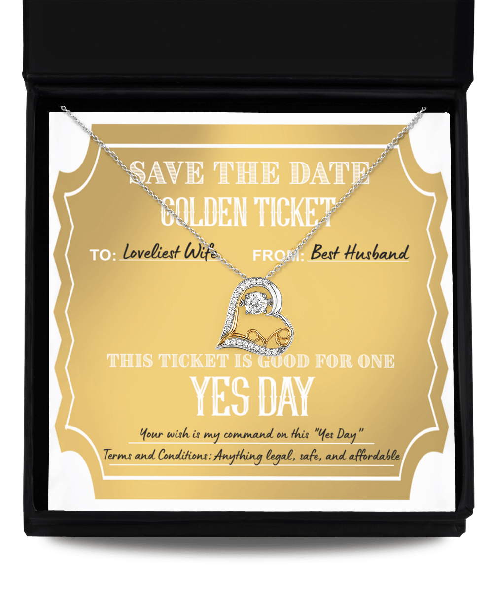Wife Wedding Day Gift - Golden Ticket - Love Dancing Heart Pendant Necklace - Mallard Moon Gift Shop