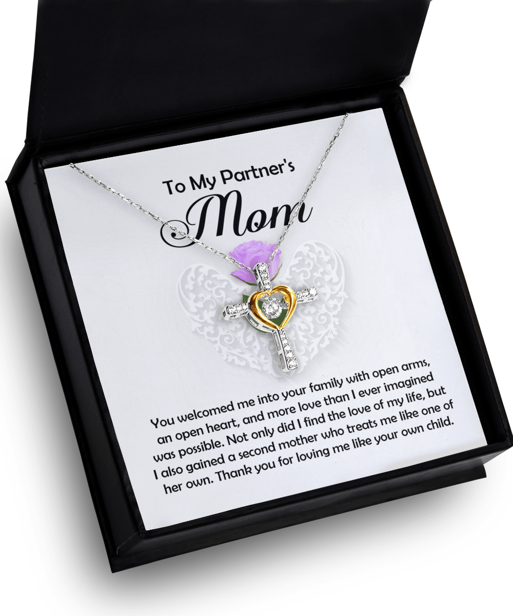 To My Partner's Mom You Welcomed me with Open Arms and an Open Heart Cross Pendant Necklace - Mallard Moon Gift Shop