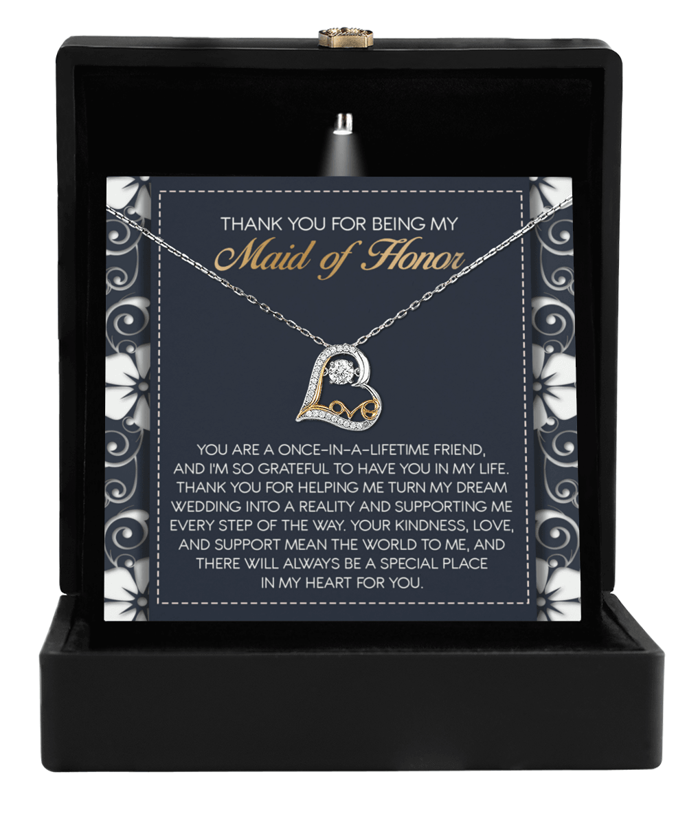 Maid of Honor Wedding Day Gift - You Mean the World To Me, Thanks - Love Dancing Heart Pendant Necklace - Mallard Moon Gift Shop