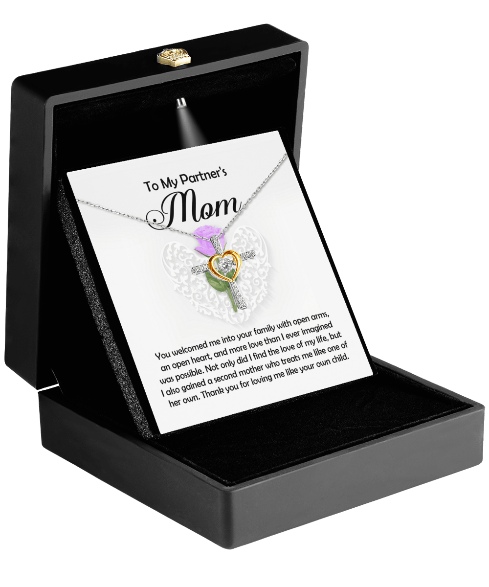 To My Partner's Mom You Welcomed me with Open Arms and an Open Heart Cross Pendant Necklace - Mallard Moon Gift Shop