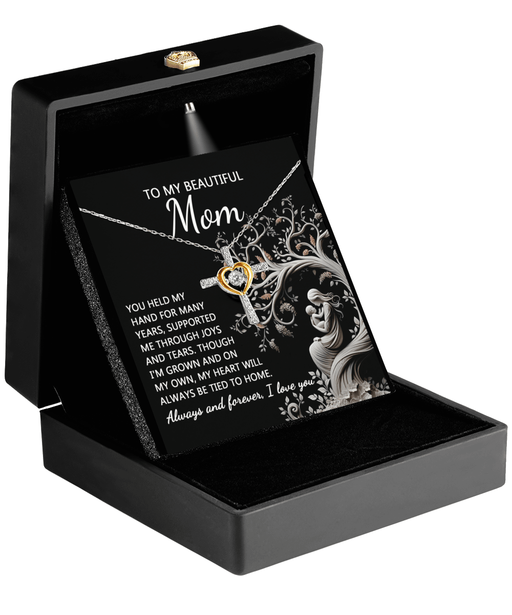 To My Beautiful Mom My Heart Will Always Be Tied to Home Cross Pendant Necklace - Mallard Moon Gift Shop